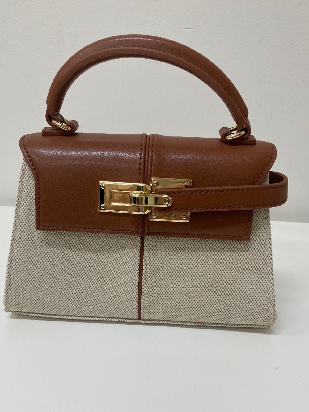 Brown & Canvas Structured Top Handle Bag